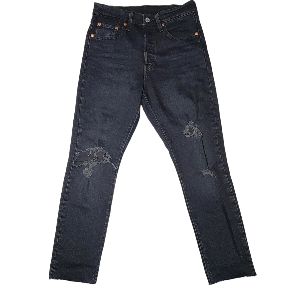 Levi's Premium 501 S High Rise Distressed Torn Button Skinny Black Wash Jeans 25